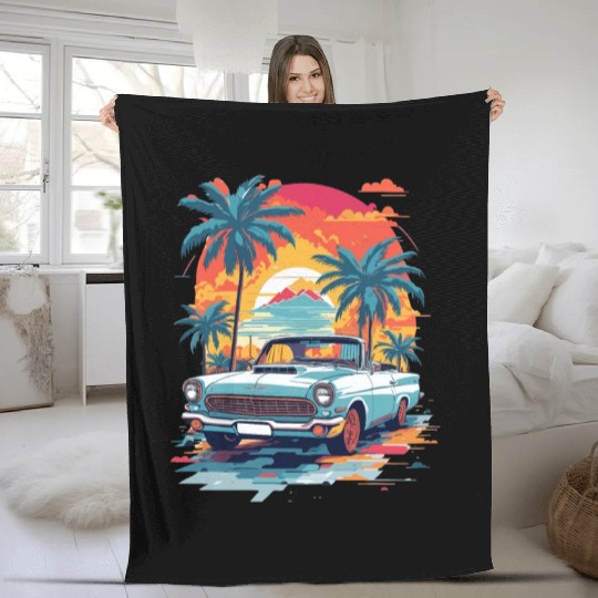 Retro classic car in Miami street Fleece Blankets