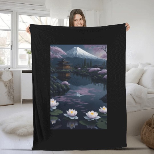 Asia Landscape by night Serene Mount Fuji Fleece Blankets