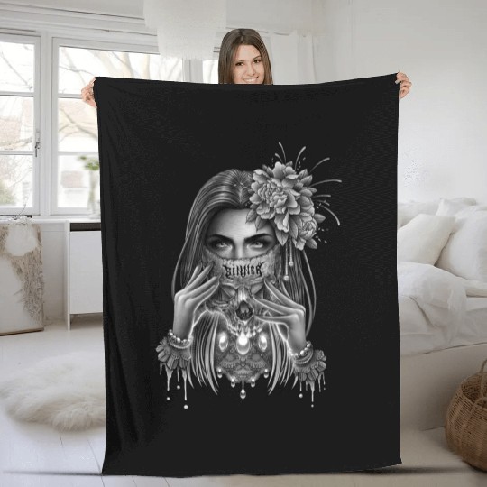 skull mask and peony flower Fleece Blankets