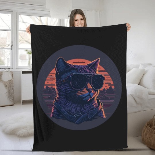 Futuristic retro Cat Fleece Blankets