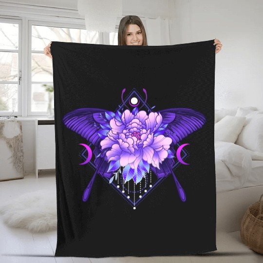 Peony Butterfly geometric tattoo Fleece Blankets