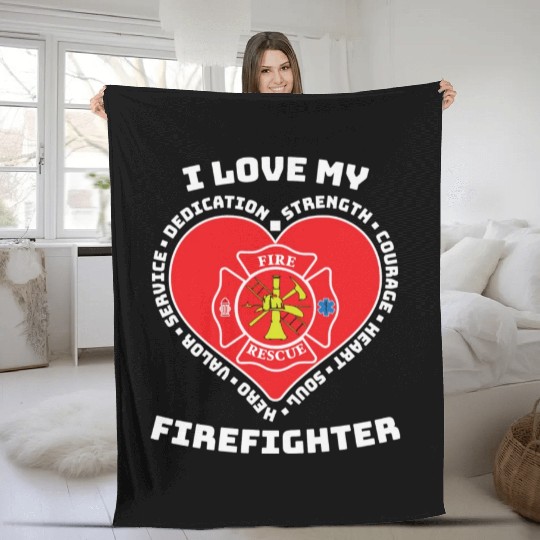I Love My Firefighter Fire Rescue Hero Heart Fleece Blankets