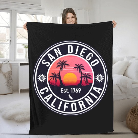San Diego California Beach Retro Sunset Souvenirs Fleece Blankets