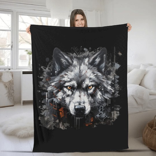 The Lone Wolf. Urban Hunter, Graffiti Style. Fleece Blankets