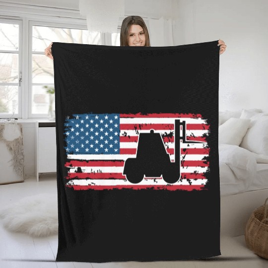 Forklift Driver Usa Flag Fleece Blankets