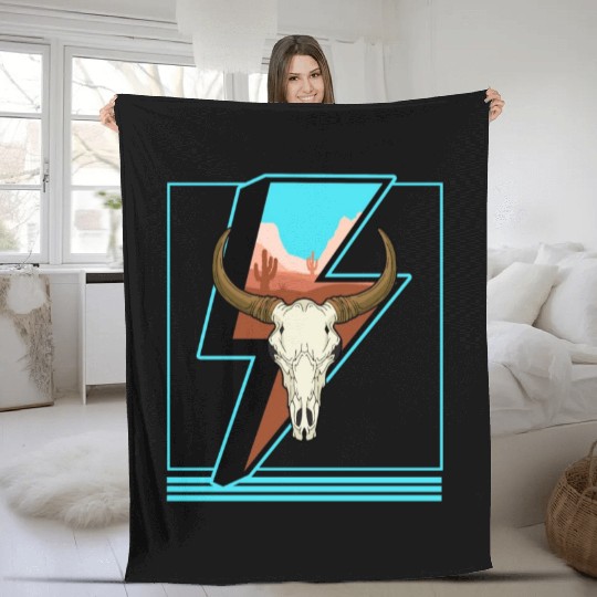 Cowboy Fleece Blankets, Lightning Cow Skull Dessert Cactus