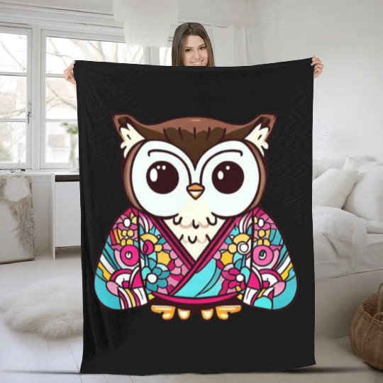 Japanese Kimono owl Fleece Blankets