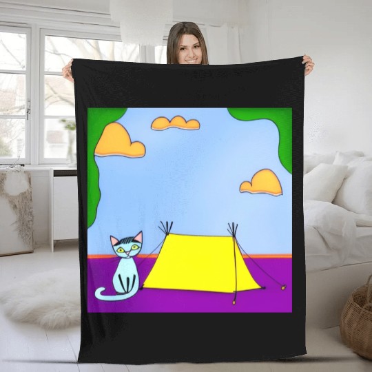 Cat Camping In Nature Fleece Blankets