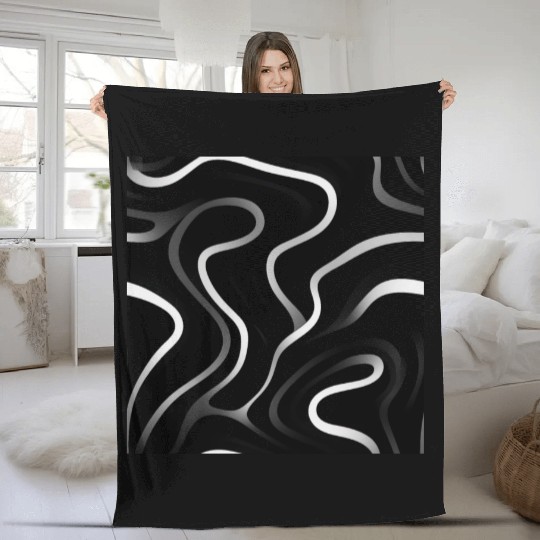 Monochrome Elegance: White Abstract Lines on Black Fleece Blankets