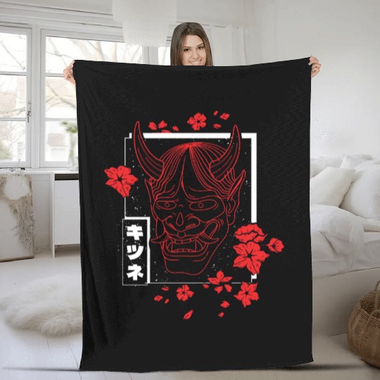 Anime Devil - Samurai Oni Mask Fleece Blankets