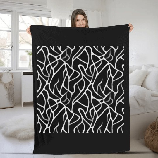 Monochrome Elegance: White Abstract Lines on Black Fleece Blankets