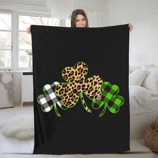 St Patricks Day Leopard Print Plaid Shamrock Fleece Blankets