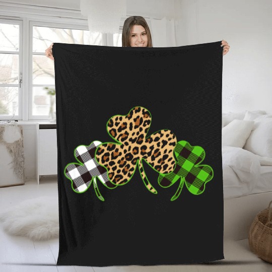 St Patricks Day Leopard Print Plaid Shamrock Fleece Blankets
