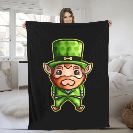 Cute Kawaii Irish Elf With Shamrock Hat For St Fleece Blankets