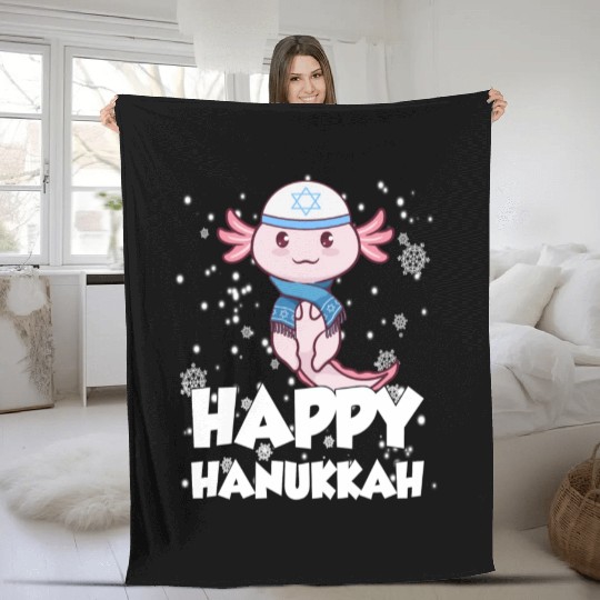 Happy Hanukkah Axolotl Kawaii Cute Axolotl Lover Fleece Blankets