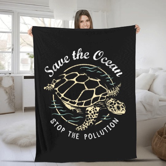 Save The Ocean Stop The Pollution Turtle Fleece Blankets