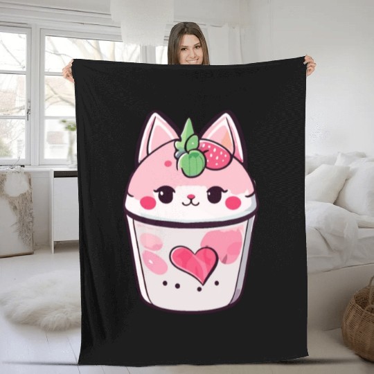 Cat Strawberry Milk Shake Kawaii Fleece Blankets