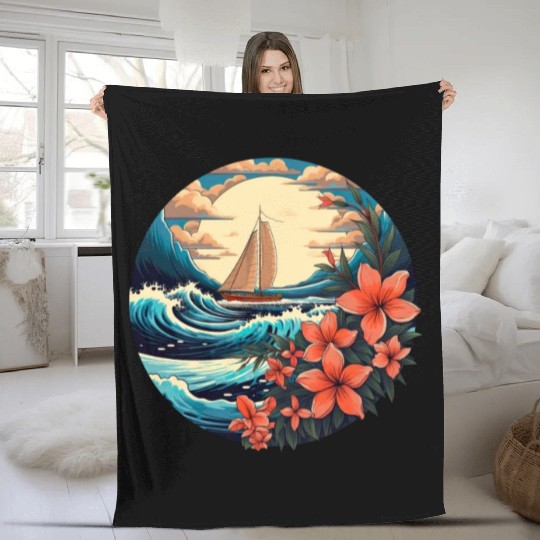 Sailing Ship Sailing Orchids Flowers Sailboat Fleece Blankets