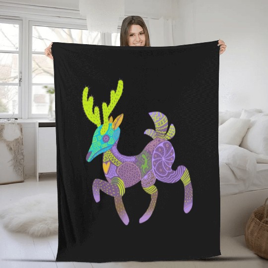 Whimsical Purple Cactus Deer Alebrije Fleece Blankets