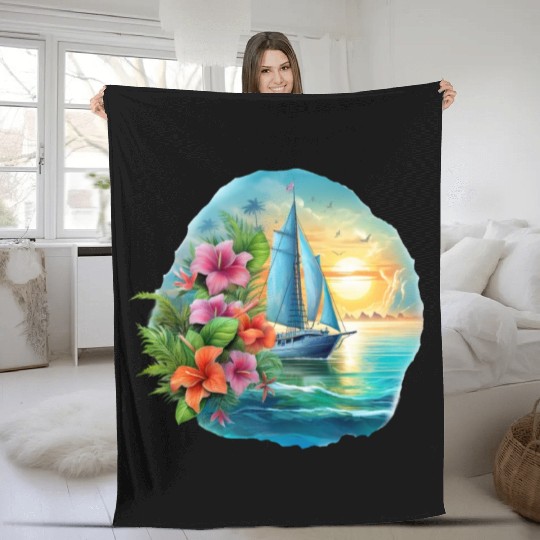 Sailing Ship Sailing Orchids Flowers Sailboat Fleece Blankets