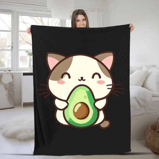 Cat with avocado Fleece Blankets
