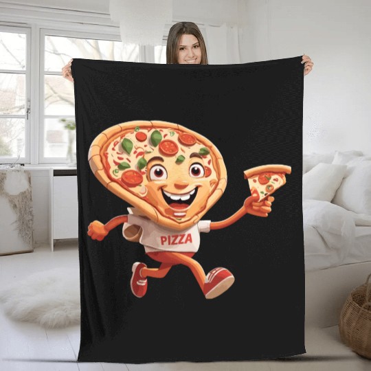 Cartoon Character of Pizza Running Design Fleece Blankets
