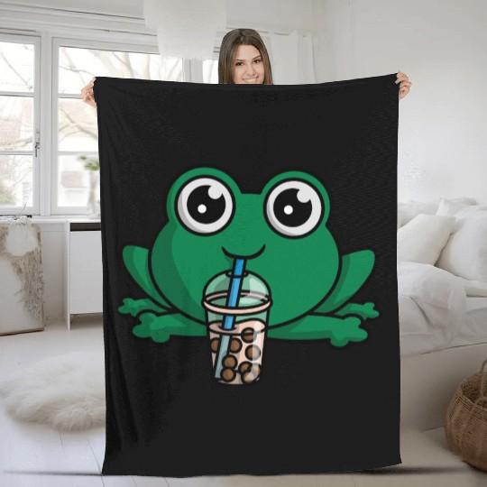 Bubble Boba Tea Drink Frog Cute Anime Kawaii Toad Fleece Blankets