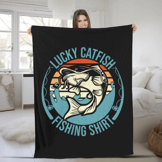 Lucky Catfish Fishing Fleece Blankets