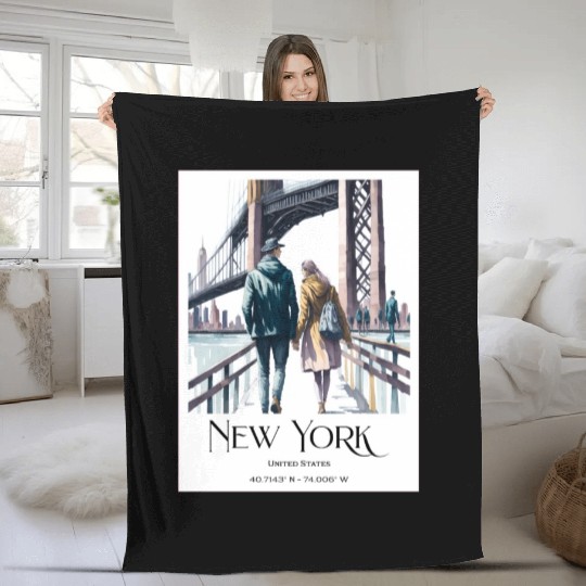 Watercolor painting loving couple in New York City Fleece Blankets