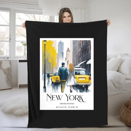 Watercolor painting loving couple in New York City Fleece Blankets
