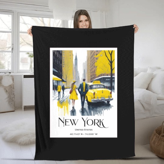 Watercolor painting loving couple in New York City Fleece Blankets