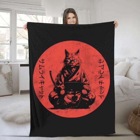 Wise Calm Vintage Retro Japanese Kitty Samurai Cat Fleece Blankets
