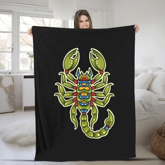 Neotraditional Scorpio In Green Fleece Blankets