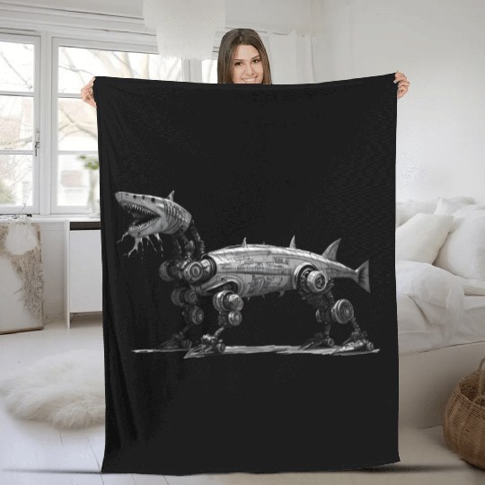 Awesome robot shark made of metal Fleece Blankets