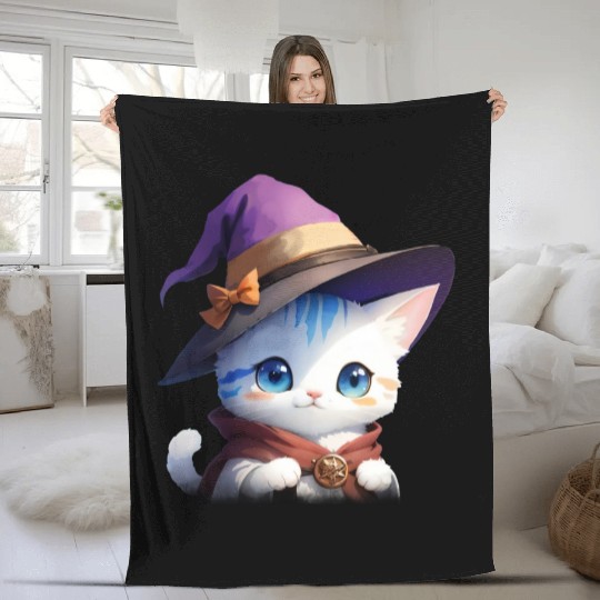 Cute Watercolor Witch Cat Fleece Blankets