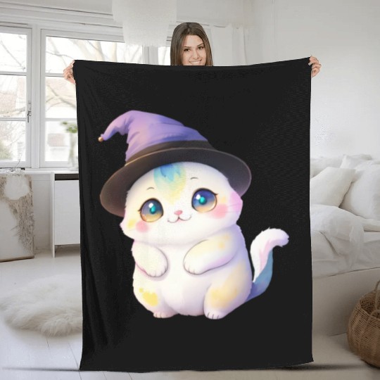 Cute Watercolor Witch Cat Fleece Blankets