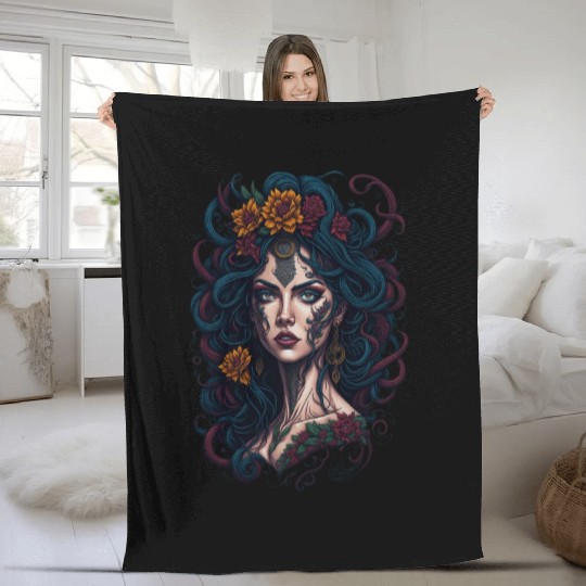 Woman with roses Fleece Blankets