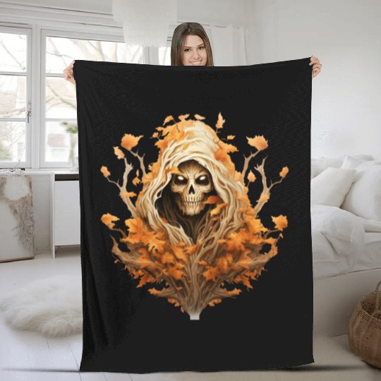 Halloween Autumn with Skull Tree and Grim Reaper Fleece Blankets