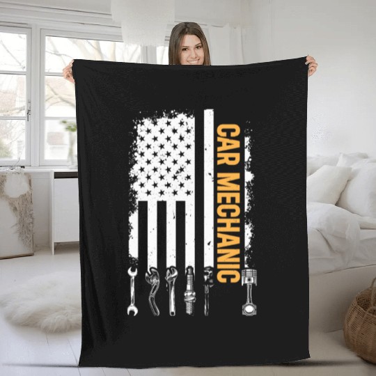 Car Mechanic US Flag Auto Mechanic Fleece Blankets