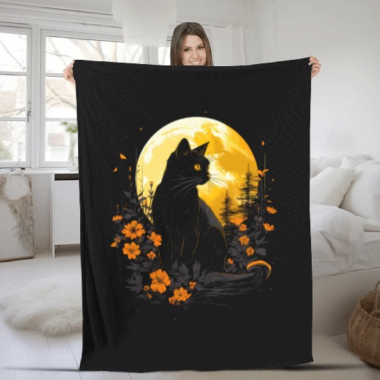Black cat under the moon and Wild flowers Fleece Blankets