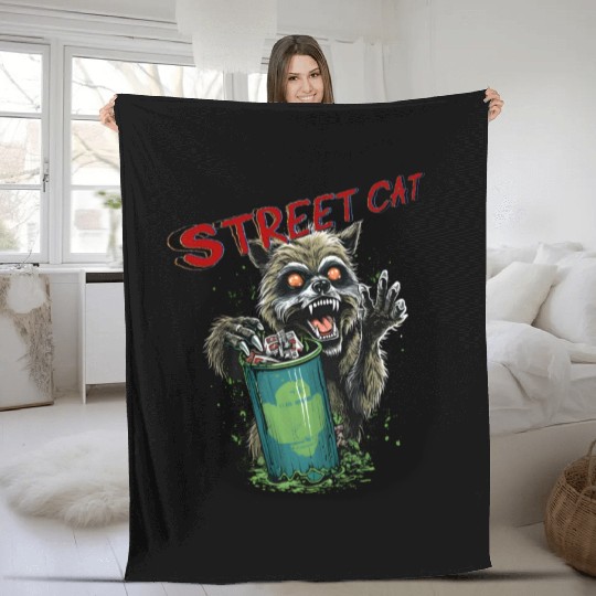 Street Cat, Funny Raccoon Fleece Blankets, Animal, horror