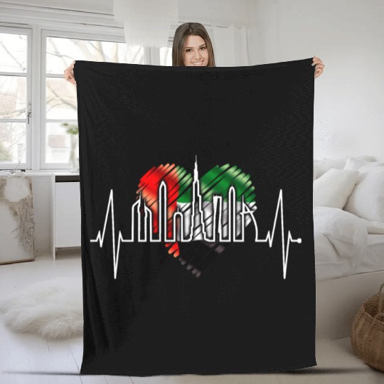 Dubai Skyline Heartbeat Burj Khalifa Love UAE Flag Fleece Blankets