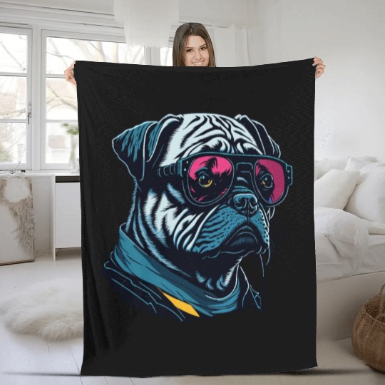 Cool Sunglasses Headphone Pug Dog Fleece Blankets