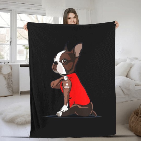 Funny boston terrier Dog I Love Mom Tattoo Fleece Blankets