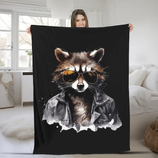 Cool raccoon in black jacket Fleece Blankets