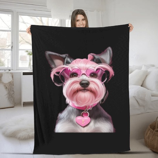Schnauzer Wearing Pink Locking Heart Fleece Blankets