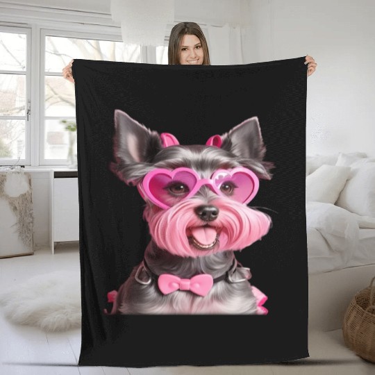 Schnauzer Wearing Pink Bow Tie Fleece Blankets