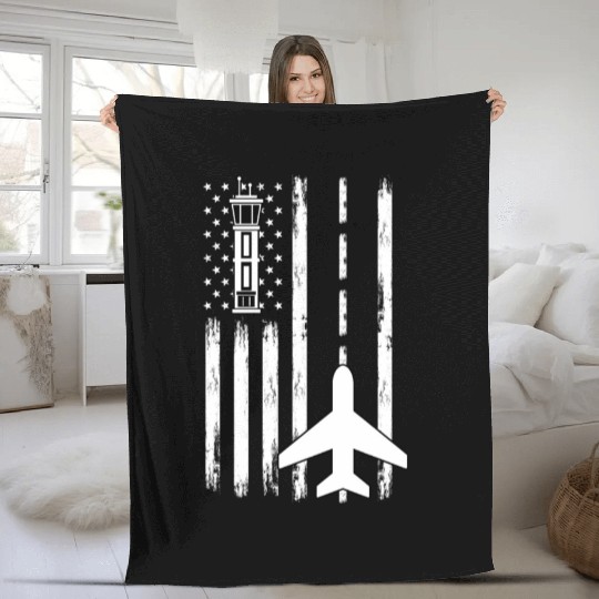 Air Traffic Controller Patriotic Airplane Aviation Fleece Blankets