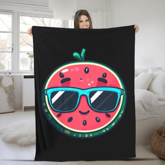 Kawaii Melon with Sunglasses: Summer Fruit Chill Fleece Blankets