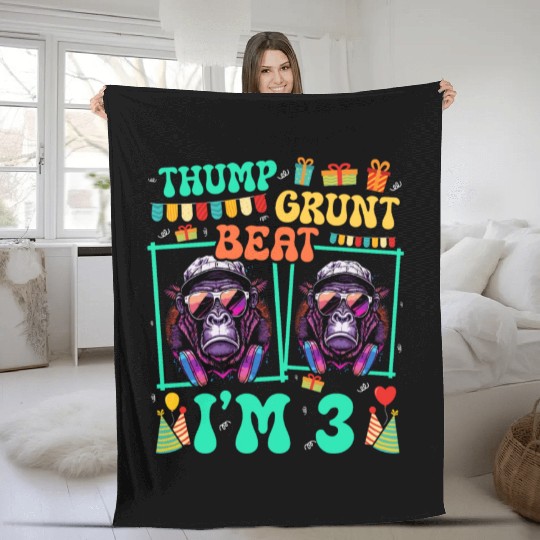 Thump Grunt Beat I'm 3 Gorilla Lover Kid 3rd Fleece Blankets